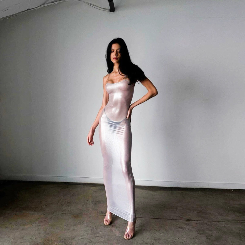 ZARA Spring Sexy Spaghetti Strap Sleeveless Sheer High Waist Long Dress